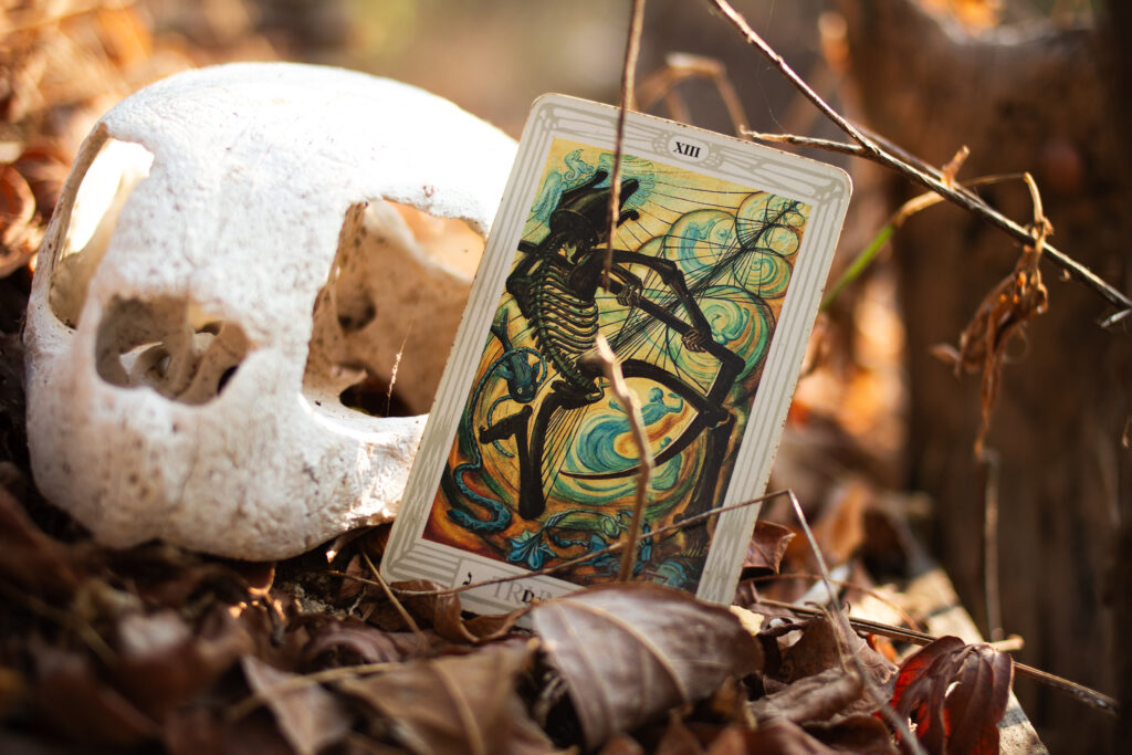 The Death card from the Thoth tarot created by occultist Aleister Crowley and Lady Frieda Harris in 1943, pictured with a skull and fall leaves