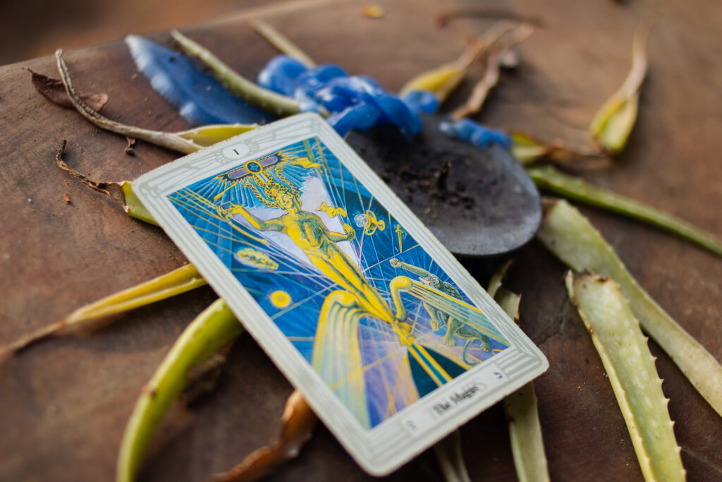 The Magician card from the Thoth tarot created by occultist Aleister Crowley and Lady Frieda Harris in 1943